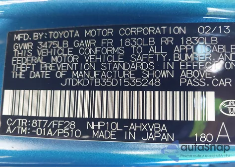 2013 Toyota Prius C Two from USA, damaged, VIN JTDKDTB35D1535248